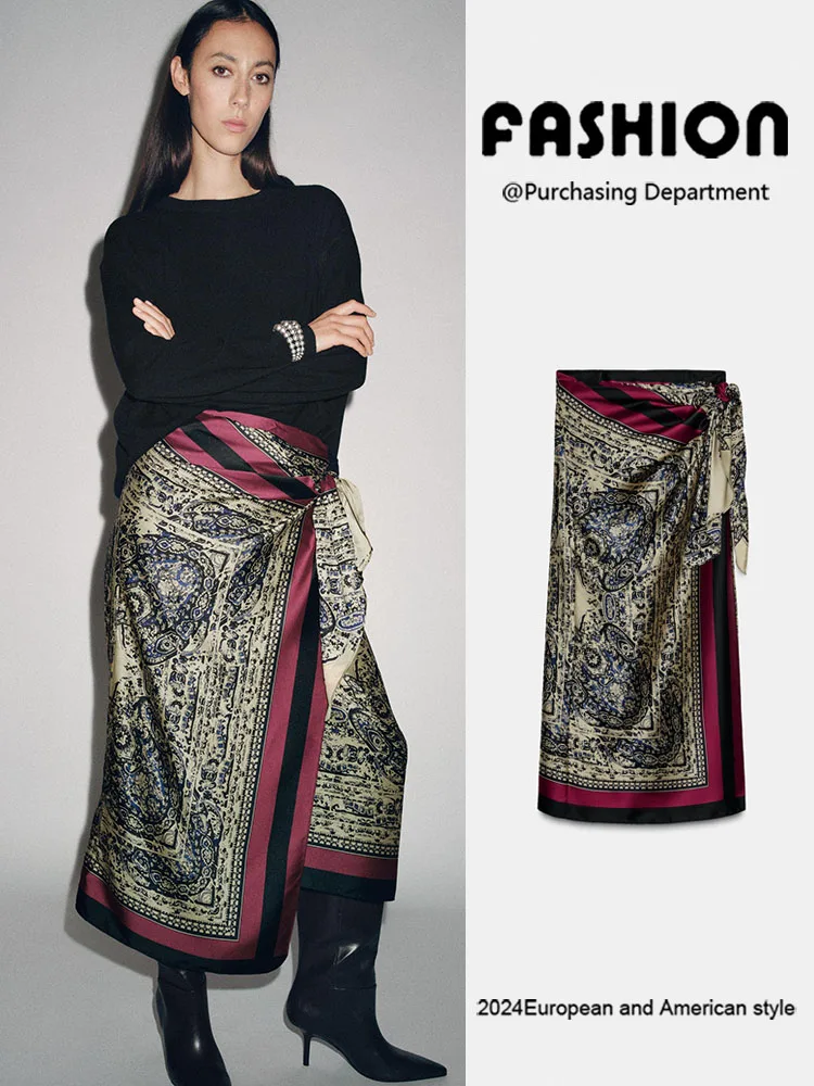 Ele Paisley Wrap Skirt f-length New Arrival Autumn 2025 Women's Faion Versatile Ethnic Sle Stage Costume