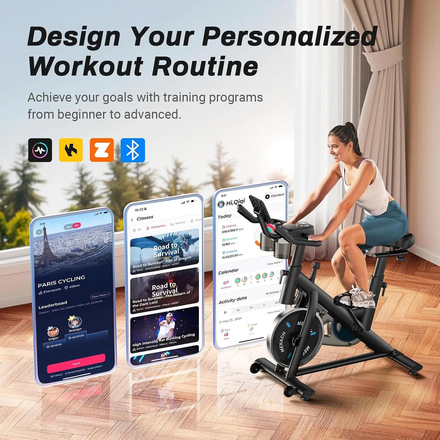 Exercise Bike, Magnetic Friction Stationary Bike with Brake Pad and Exclusive App, Low Noise Indoor Cycling Bike with 300lbs Wei