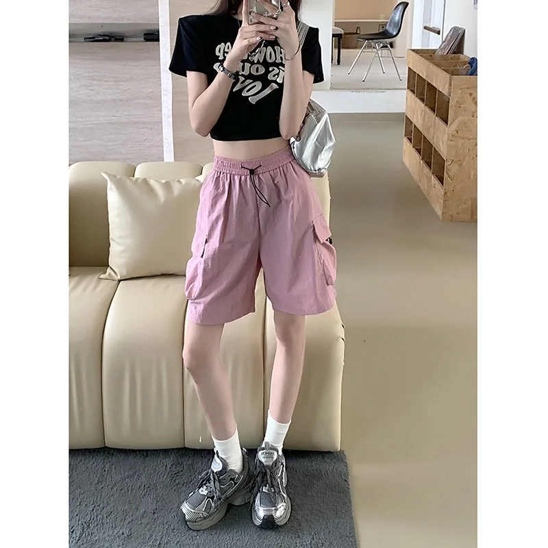 Women Casual Cargo Shorts Elastic Waist Drawstring Loose Solid Color Summer Pants