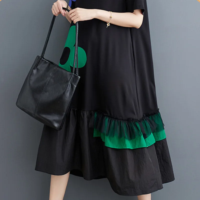 #3421 Flower Printed A-line Dress Women Black Long T Shirt Dress Short Sleeve Loose O-neck Korean Style Midi Dress Female Summer