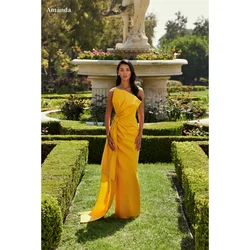 Amanda Yellow Satin Prom Gown Sheath Bow Waist Evening Formal Elegant Sleeveless Floor-Length Zip Back Pleats Party Dresses 2024