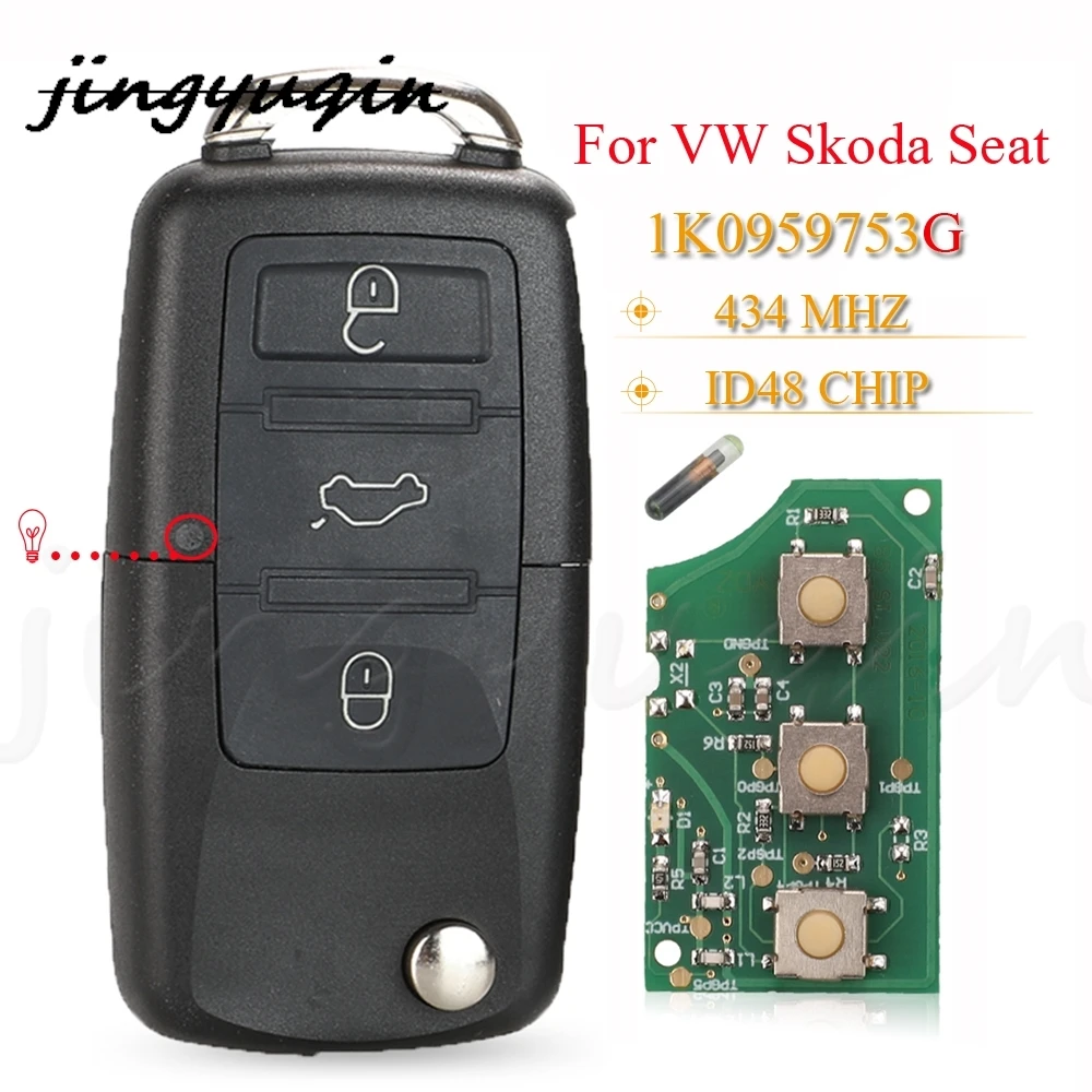 jingyuqin 3 Buttons Remote Car Key Fob 434Mhz ID48 For VW PASSAT Polo Skoda Seat Polo/Golf/Beetle  1K0959753G