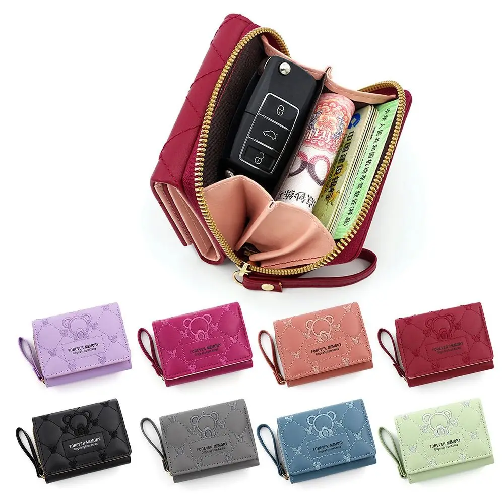 Cute Embroidery Short Fashion Women\'s Wallet Embroidery Zero Wallet Women\'s Triple Fold Bag Multi Card Large Capacity