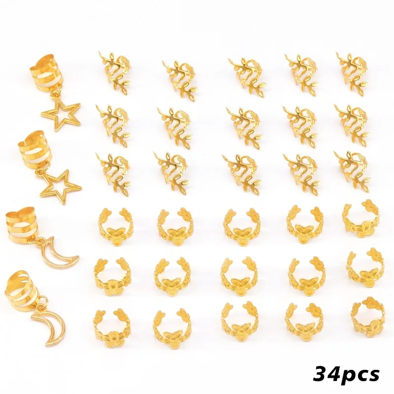 34PCS New Hollow Star Moon Alloy Dreadlock Hair Rings Set Trendy Braiding Cuffs for Party Boho Look DIY Festival Hair Accessory