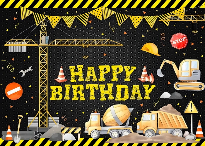 Construction Theme Backdrop Black and Yellow Strips Big Dump Truck Engineering Vehicles Photography Background for Boy Birthday