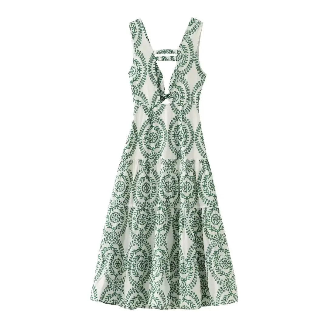 Tangada 2024 Summer Women Green Embroidery Cotton Dress Sleeveless Female Backless Beach Dress 3H0373