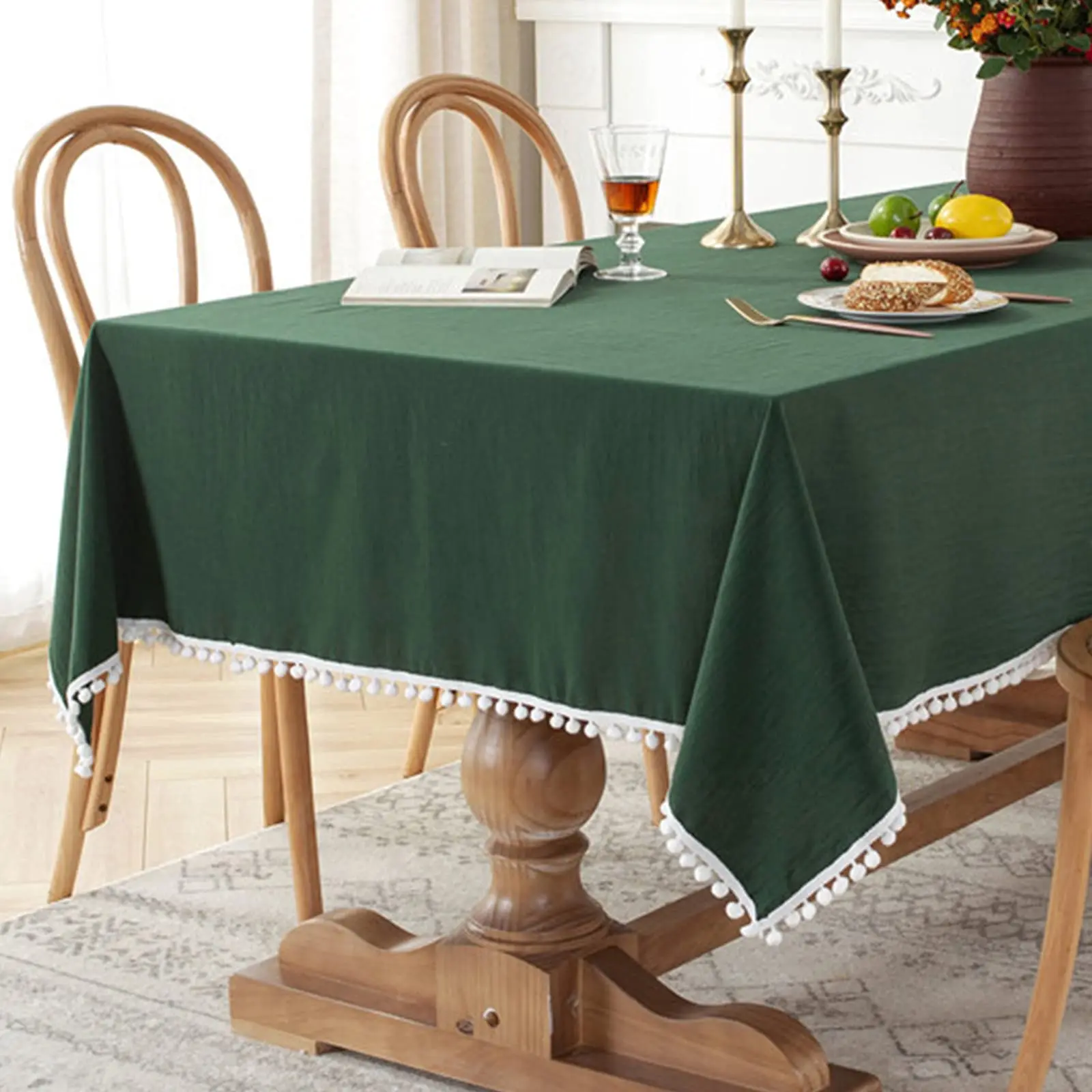 

Christmas Green Cotton Rectangle Tablecloth Tassel Washable Table Cover for Kitchen Dinning Picnic New Year Christmas Decoration