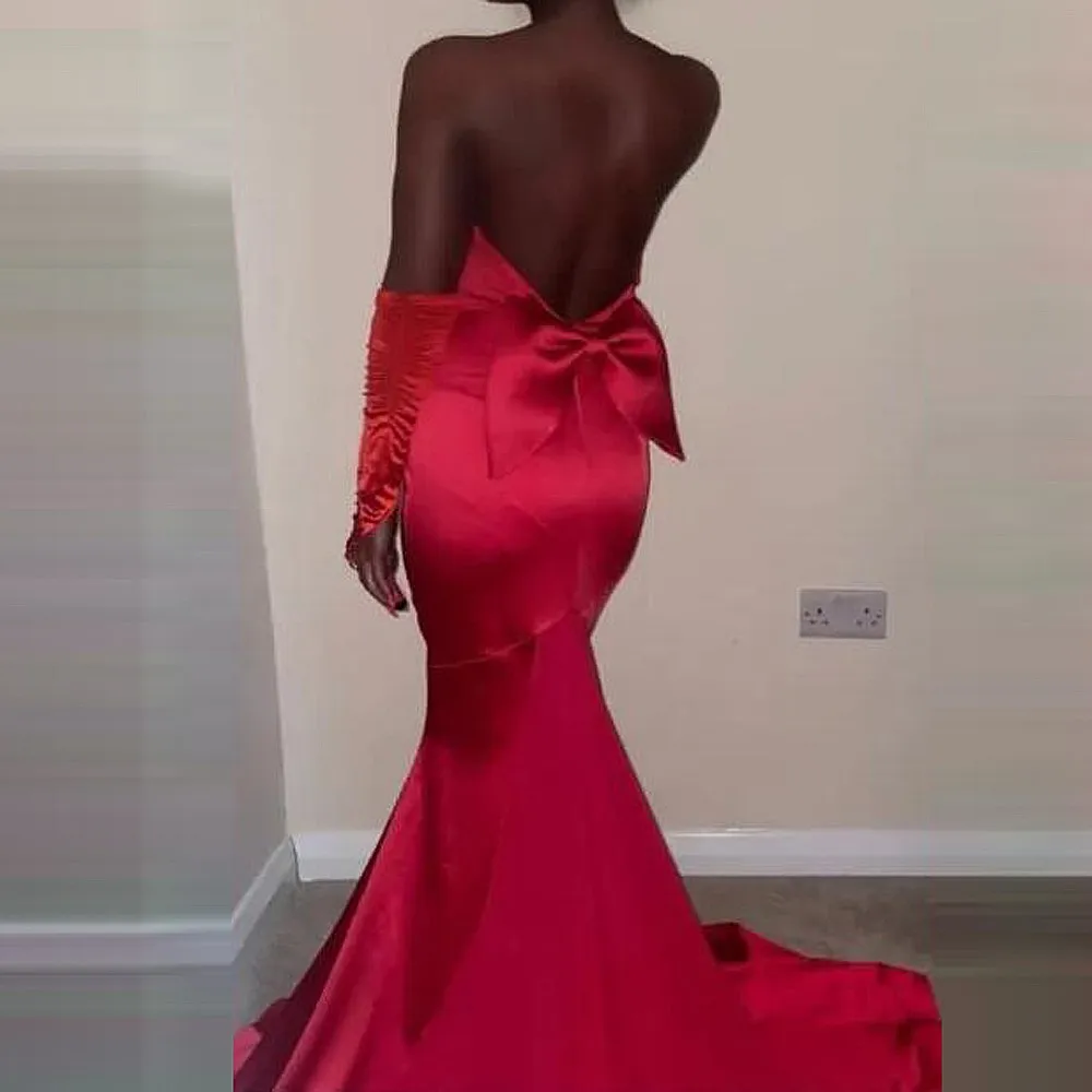 Sexy Back Mermaid Prom Dresses With Detachable Sleeves Bow Swetheart Cocktail Party Dress Simple Aso Ebi Wedding Guest Gowns