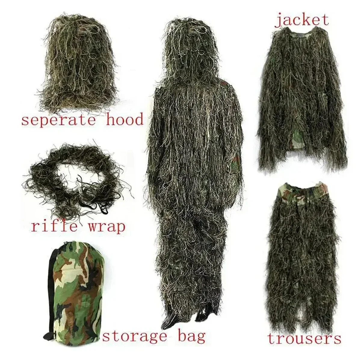 

5Pcs Adult Ghillie Suit Hunter Camouflage Clothing gillie suit Hunting Suit Birding Clothes