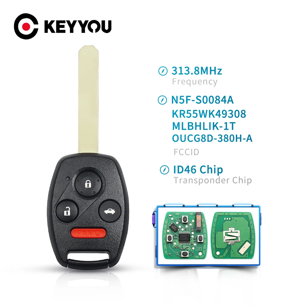 KEYYOU N5F-S0084A 313.8MHz Replacement 3 3+1 4 Buttons Remote Key Fob For Honda  Accord Element Pilot CR-V HR-V Fit Insight City