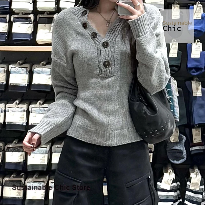 한국 스타일의 분위기 있는 회색 브이넥 스웨터 여성용 가을 겨울 신상 패션 캐주얼 조커 스웨터