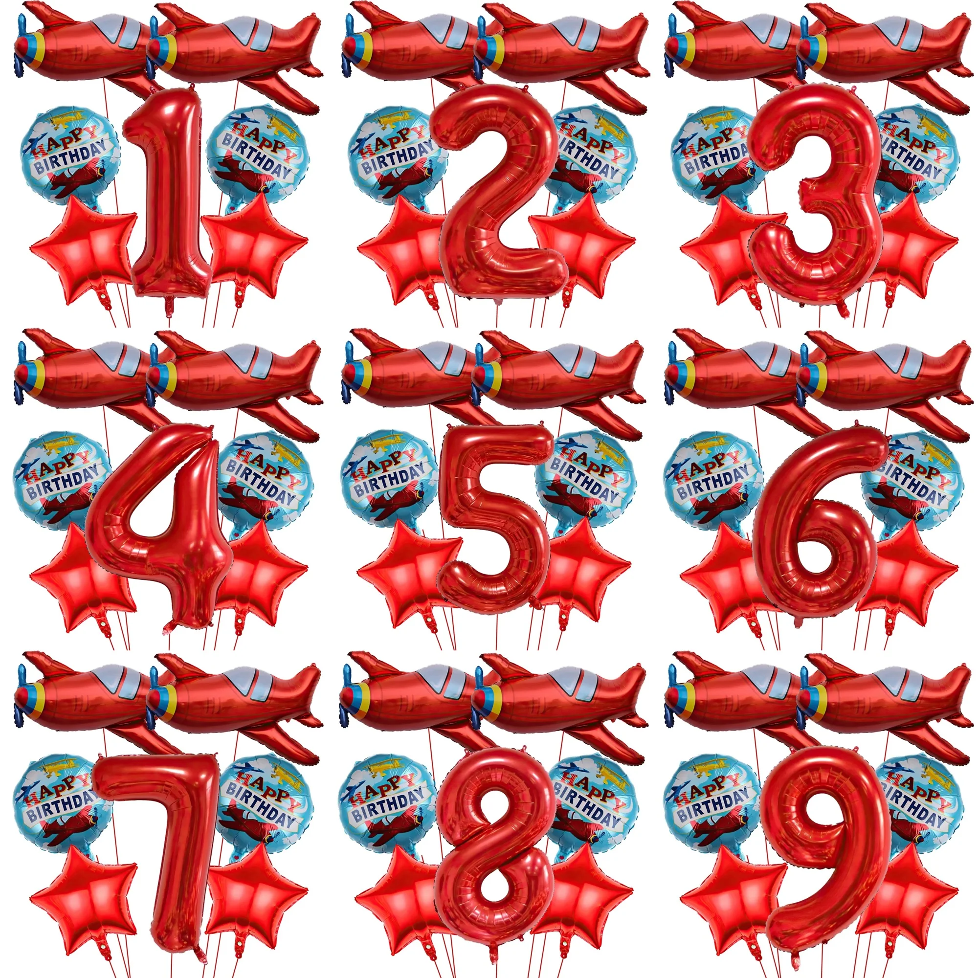 7 PCS Vintage Red Airplane 32 Inch Numbers Pentagram Foil Balloons Kids Toy Balloons Boy Birthday Party Decoration Supplies