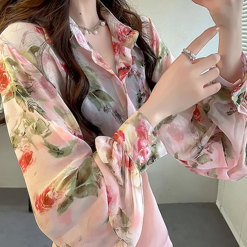 Fashion Temperament Long Sleeve Shirts Ladies Printing Perspective Women Clothing Summer Sexy Sunscreen Buttons Vintage Blouses