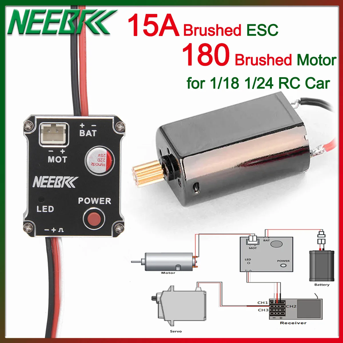 

NEEBRC 180 11T Gear Brushed Motor 15A 2S ESC 5V/1A BEC for 1/24 1/18 Climbing Drift Off-road Mini Car Crawler SCX24 Trx4m FMS