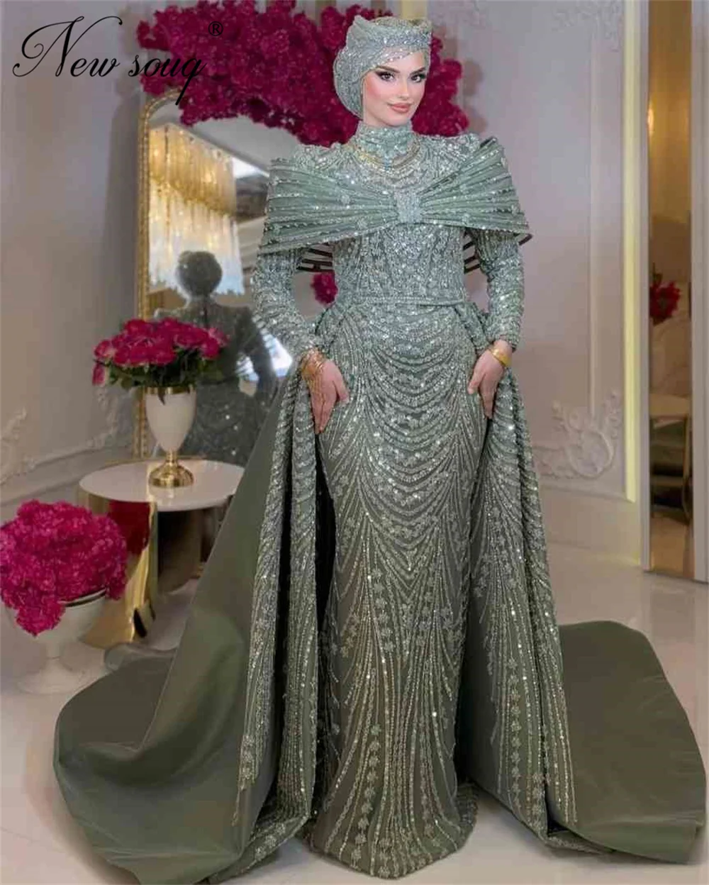 Árabe muçulmano mangas compridas vestidos de noite com saia destacável luxo sage verde miçangas vestidos de festa de casamento personalizado baile