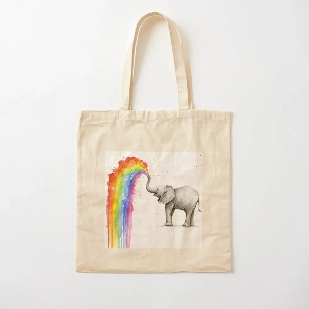 Baby Elephant Spraying Rainbow Tote Bag tote university Cloth bags the