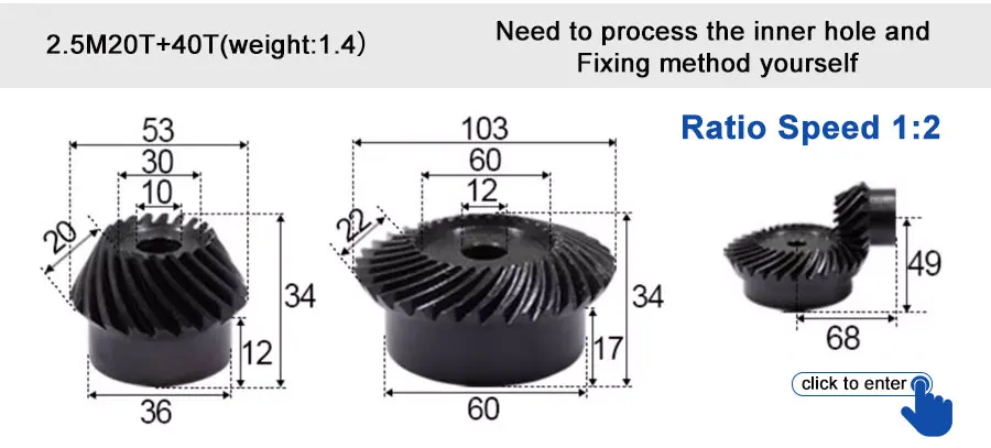 45 # Stahl-Spiralkegelradgetriebe, 2M, 15T bis 60T, Modul 1:4, 90 Grad Differentialgetriebe, gleicher Übersetzungsverhältnis, Durchmesser 8mm bis 12mm, Loch – Detail 33