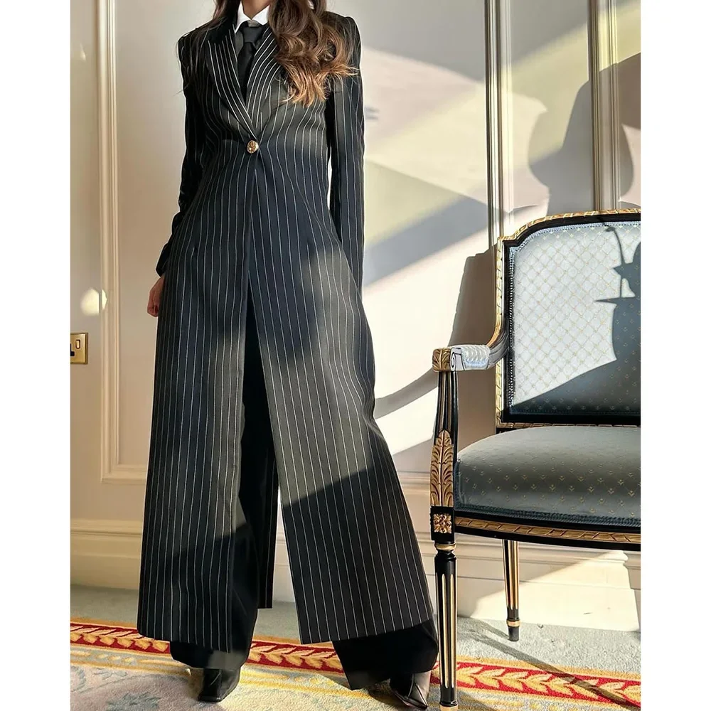 

Muslim Black Stripe Women's Abayas One Button Peak Lapel 1 Piece Jacket Slim Fit Casual Office Long Coat Elegant Muslim Clothing