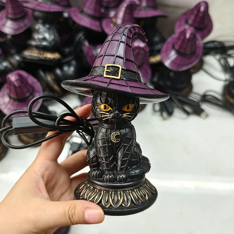 Halloween Witch Hat Cat LED Night Light USB Rechargeable Resin Table Lamp Spooky Tabletop Home Party Decor