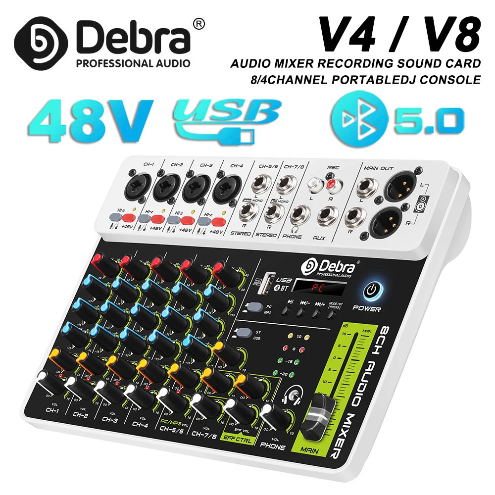 Debra V8 Audio Interface Mixer Bluetooth 5.0 Phantom Power for Computer Studio Stage Band with Delay Replay Effects/