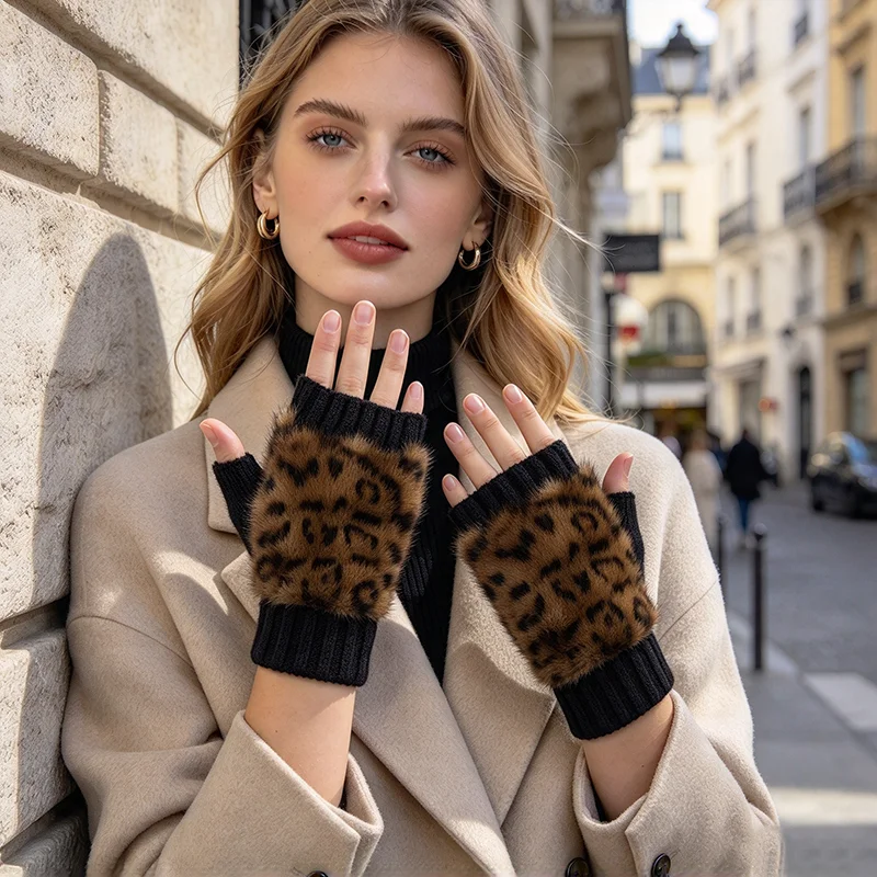 Fashion Soft Plush Leopard Print Faux Fur Knit Half-Finger Gloves Winter Women  Keep Warm Fingerless Writing Work Drive Cycling
