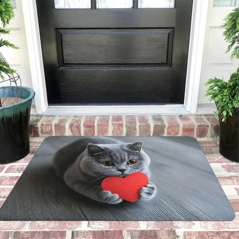 VIKAMA Cute British Shorthair Cat Holding Heart Doormat Skid Resistant Entry Rug Indoor Entry Home Accent Rug Seasonal Xmas