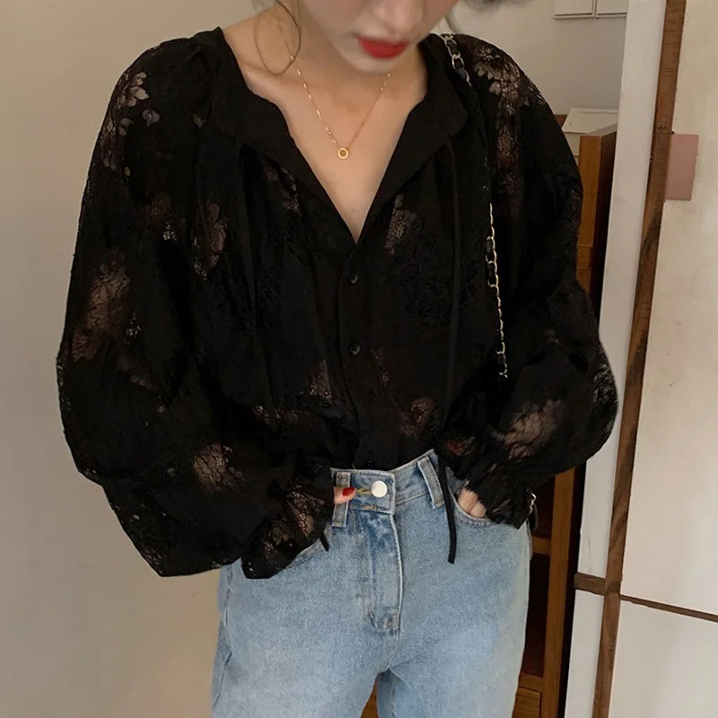 Autumn Hook Hollow Flower Blouse Lace Sexy Casual Lantern Long Sleeve Loose Shirt Fashion Lace-up Black Tops Elegant 10202