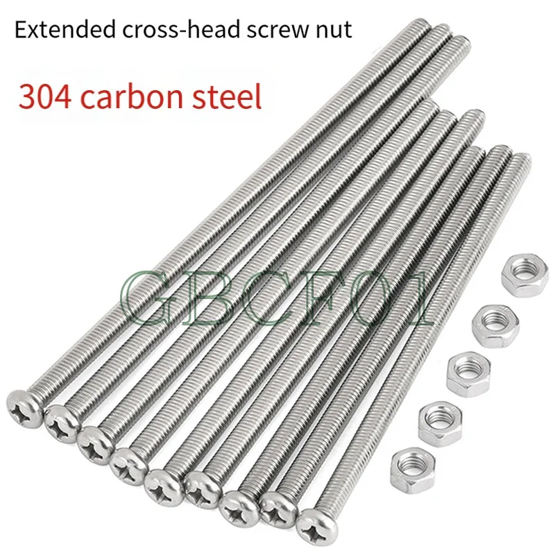 304 Stainless Steel Extended Cross Round Head Screws with Nuts M2/M3/M4/M5/M6/M8 Fully Threaded Rods Pan Head Bolts Fasteners