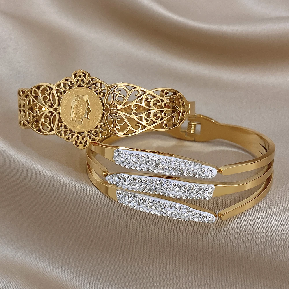 AENSOA Modisches Hohlgeschnitztes Armband mit Menschlichem Kopf, Dreischichtiges Diamantbesetztes Feinstes Streifenarmband, 2-teiliges Schmuckset – Detail 3