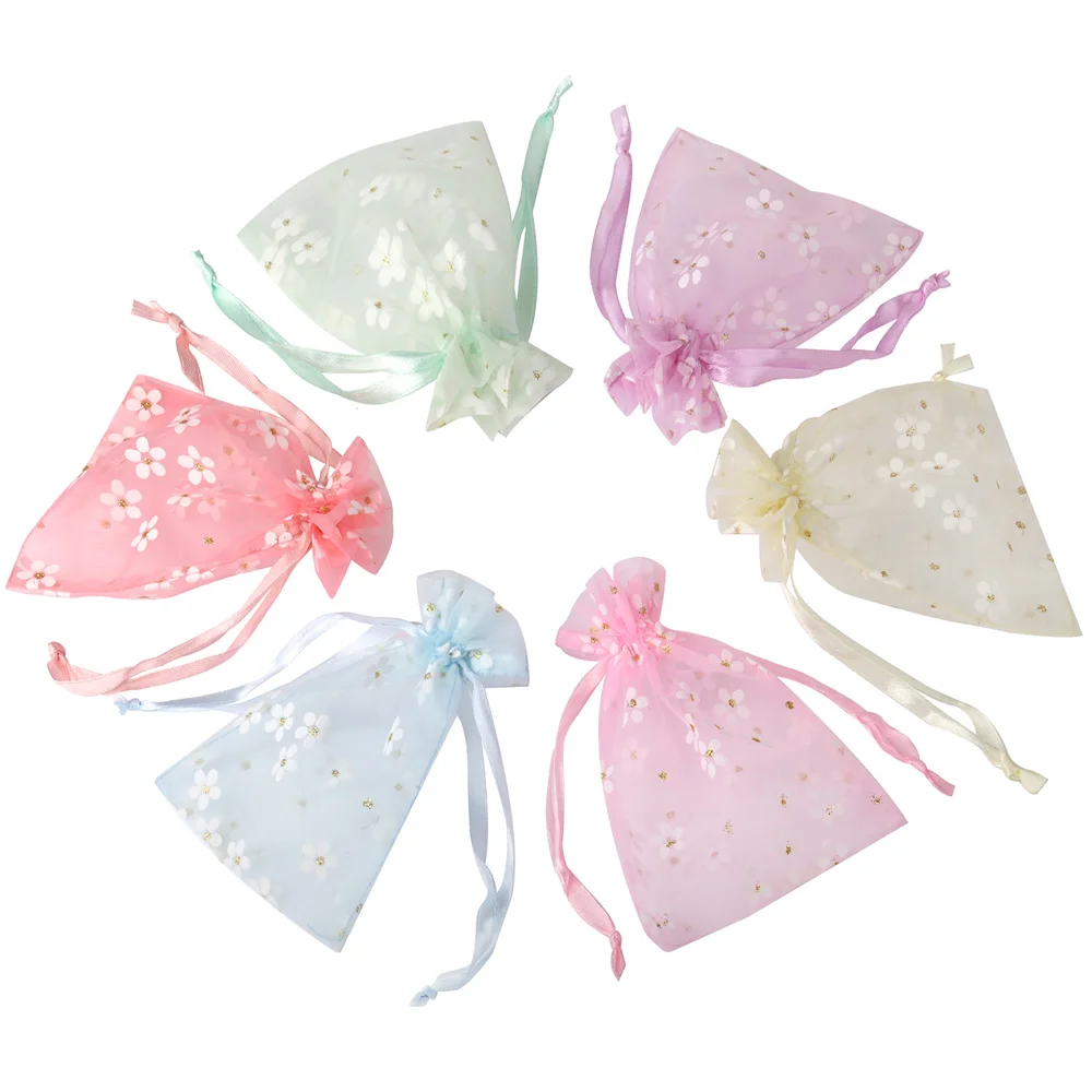 10pcs 10x14cm 13x18cm 16x23cm Light Colors Organza Bags Flower Printing Wedding Candy Packaging Drawstring Pouches Gift Bag