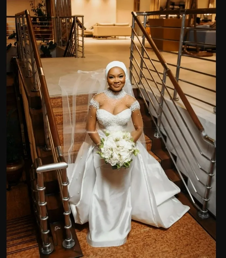 Customized High Collar Sparkly Pearls Beads Modest Bridal Gowns  Long Sleeves  Mermaid Wedding Gowns With Removable Skirt