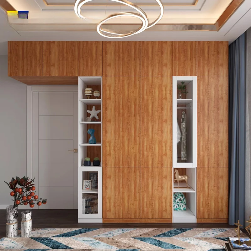 Vertical Hinged Door Wardrobe Overall Bedroom Wardrobe with Top Cabinet Multifunctional Paint-Free Board Wardrobe