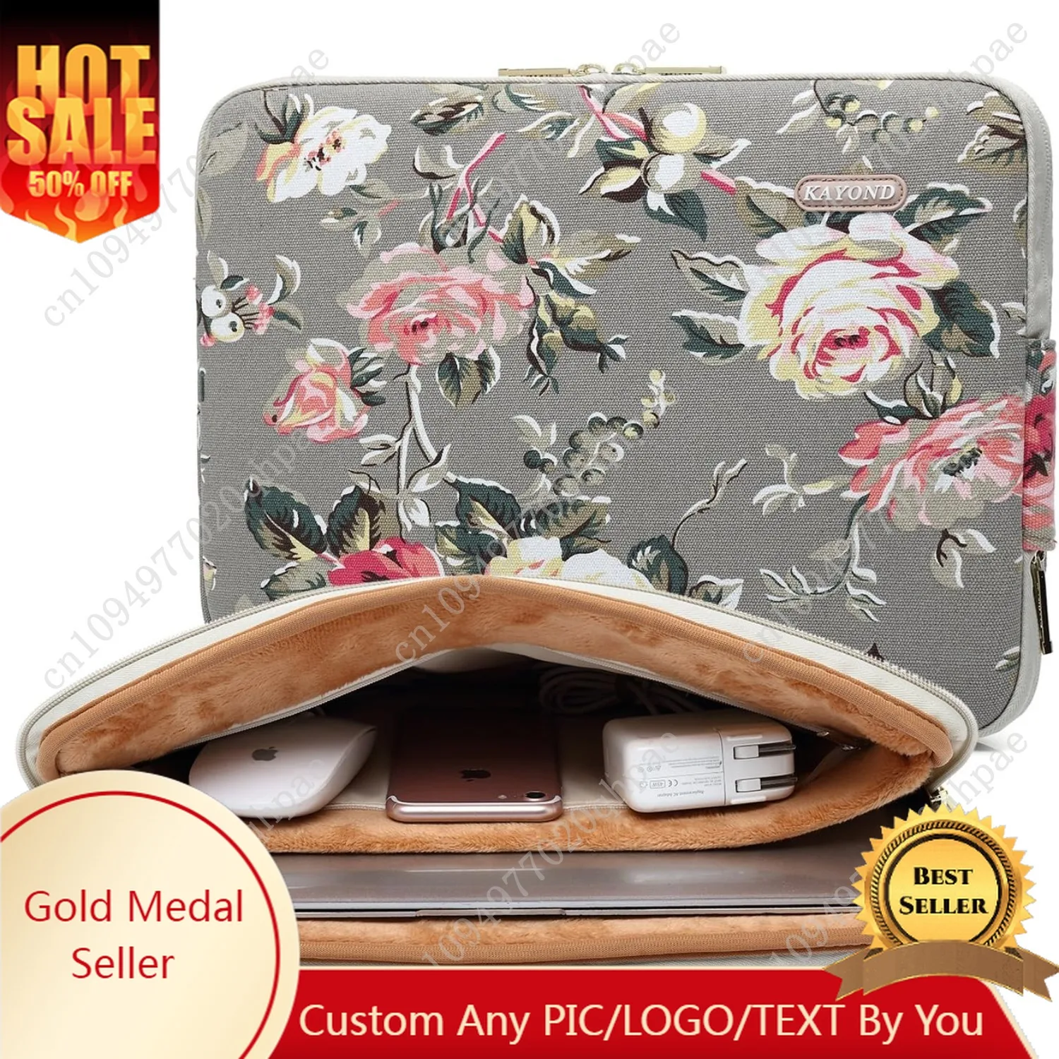 

kayond Gery Rose Patten Canvas Water-Resistant 15.6 Inch Laptop Sleeve case for 15inch 15.4inch 15.6inch Notebook Computer
