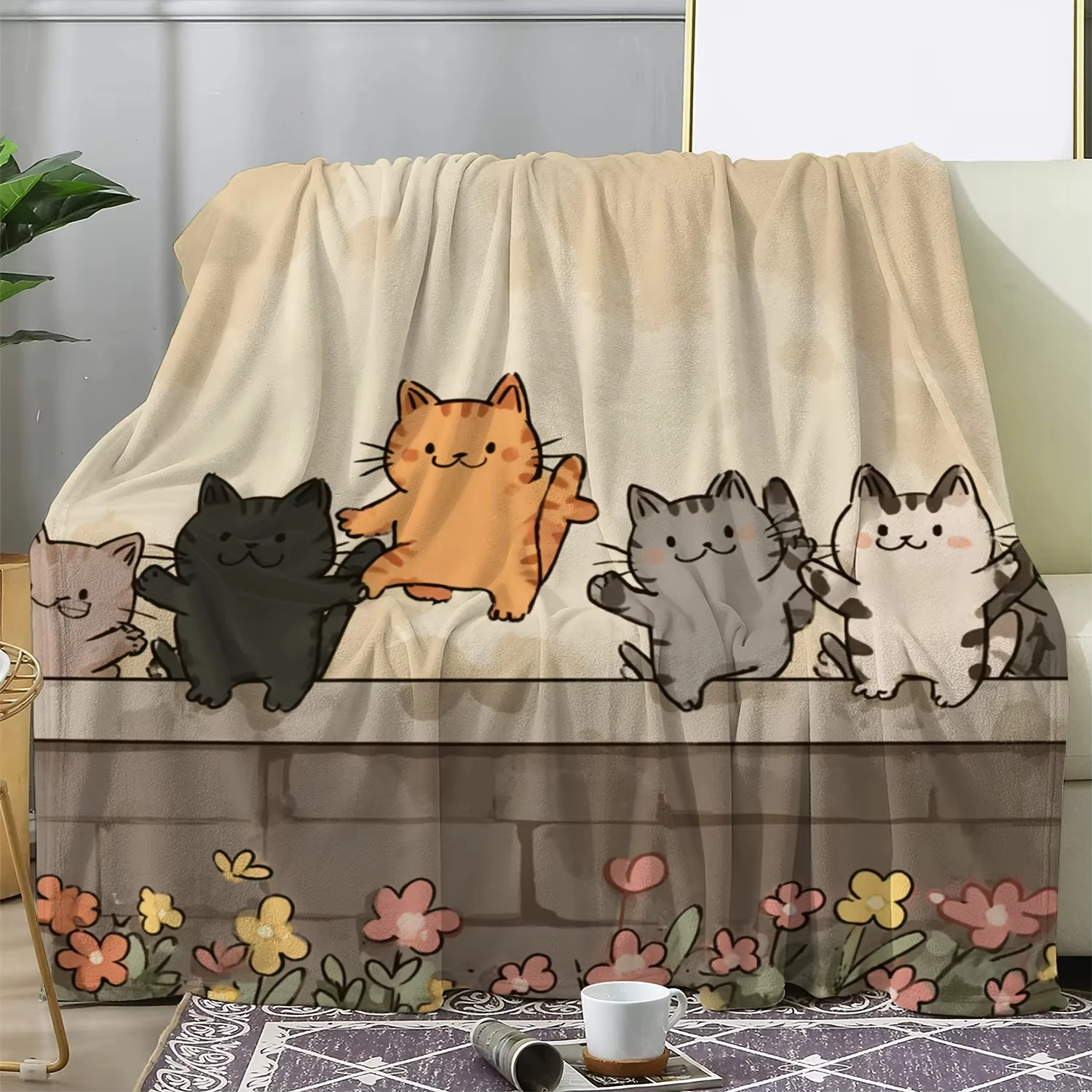 Cute cat pattern Flannel printed blanket suitable for all seasons suitable for living room office sofa and travel 180x250CM