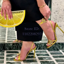 Crystal Gold Lemon Buckle Stilettos Sandals Solid Round Toe Back Strap Thin High Heeled Rome Pumps 2024 Women Gladiator Shoes