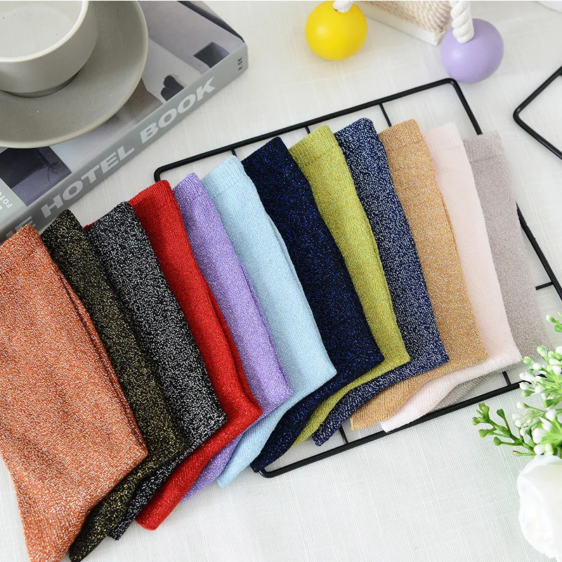 

2 Pairs Breathable Mid-calf Cheap Woman Korean Fashion Gold and Silver Knitted Women's Socks Breathable Thin High Quality Socks