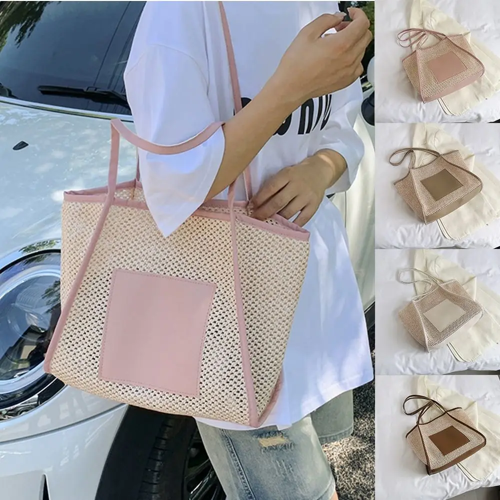 

Cute Pu Leather Straw Woven Shoulder Bag Large Capacity Knitted Mesh Beach Bag Tote Bag Handbag Streetwear