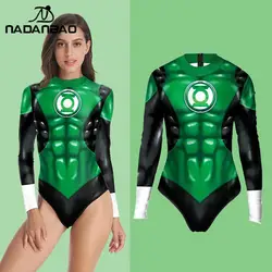 NADANBAO Cosplay Green Lantern Print Women Swimsuit Long Sleeve Bathing Long Sleeve Bodysuit Swim Wear Beach