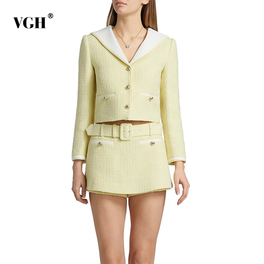 

VGH Sweet Slimming Hit Color Комплекты из двух предметов для женщин V-образный вырез с длинным рукавом и пуговицами Топ с высокой талией Мини-юбка Женская мода