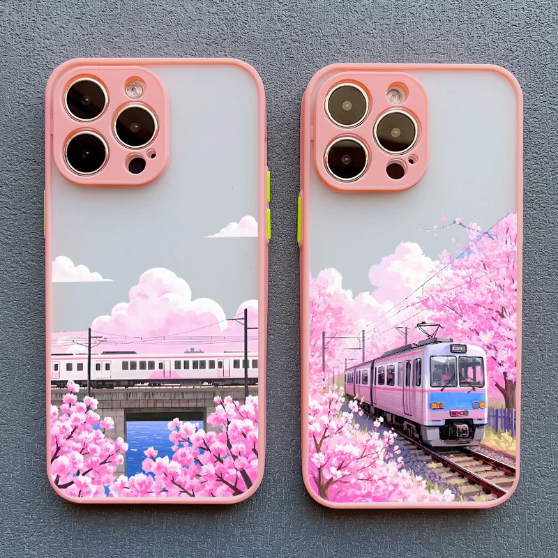 

New Japanese Cherry Blossom Pink Train Phone Case For IPhone 12 11 Pro Max 16 15 14 13 Pro Max Plus XS XR X 7 8 Plus SE2 Covers