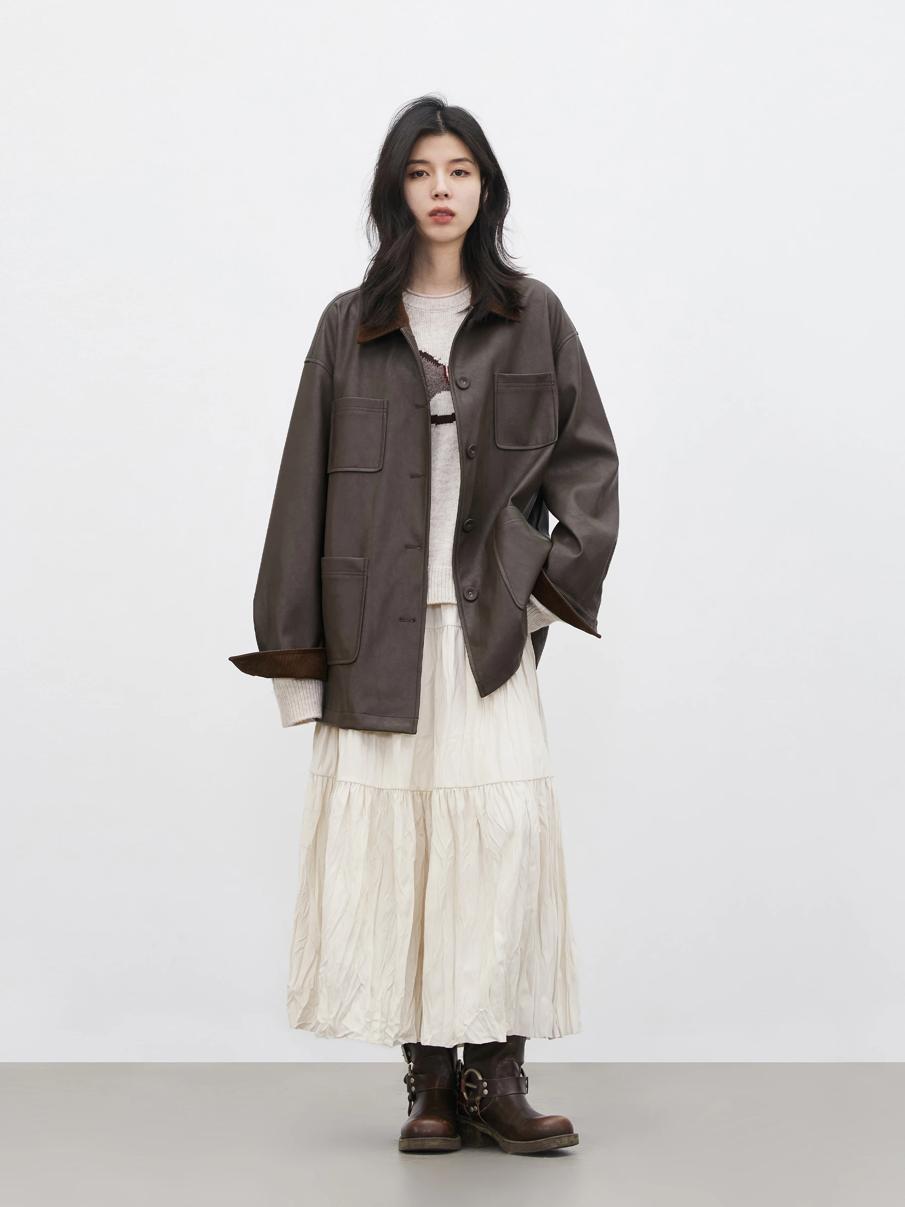 Chicven Spring Wild Chase バーンスタイル コーデュロイ パッチワーク PU レザー ジャケット 防水 ワークウェア コート ユース ストレート スリーブ ロング