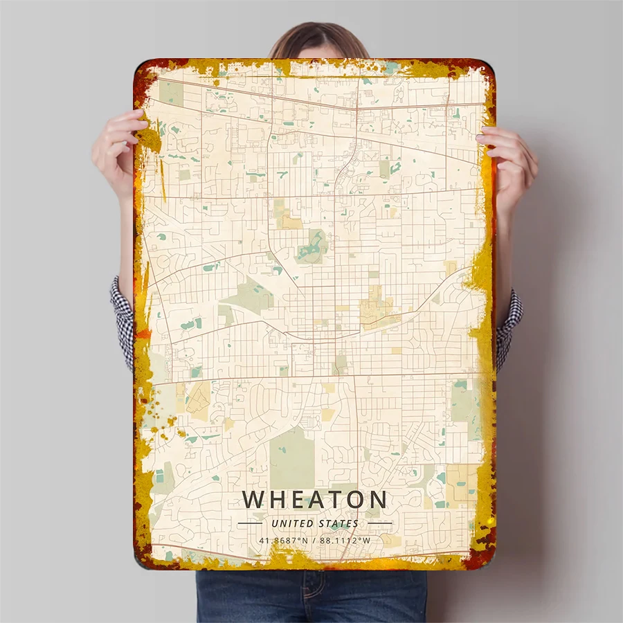 Wheaton-Mapa Vintage de Estados Unidos, arte de pared de Metal, decoración del hogar, póster de ciudad personalizado, 41.8687N 88.1112W
