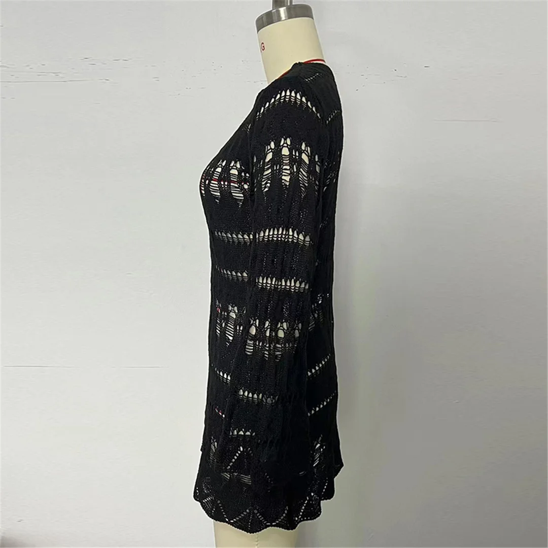 Ausgehöhlte, langärmlige, einfarbige, gehäkelte, gestrickte Tunika, Strand-Überwurf, Strandkleid, Strandmode, Damenbekleidung, K8579 – Detail 10
