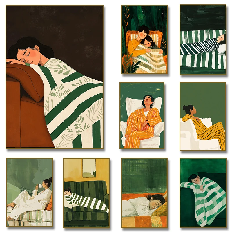 Contemporary Emerald Green Stripe Women Drink Coffee on Sofa Poster Canvas Painting Print Minimalist Home Decor Cuadros