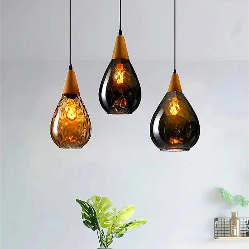 

Nordic Home Design Water Ripple Waterdrop Hanging Chandelier Solid Wood Glass Chandelier for Dining Room Bedside Pendant Lamp