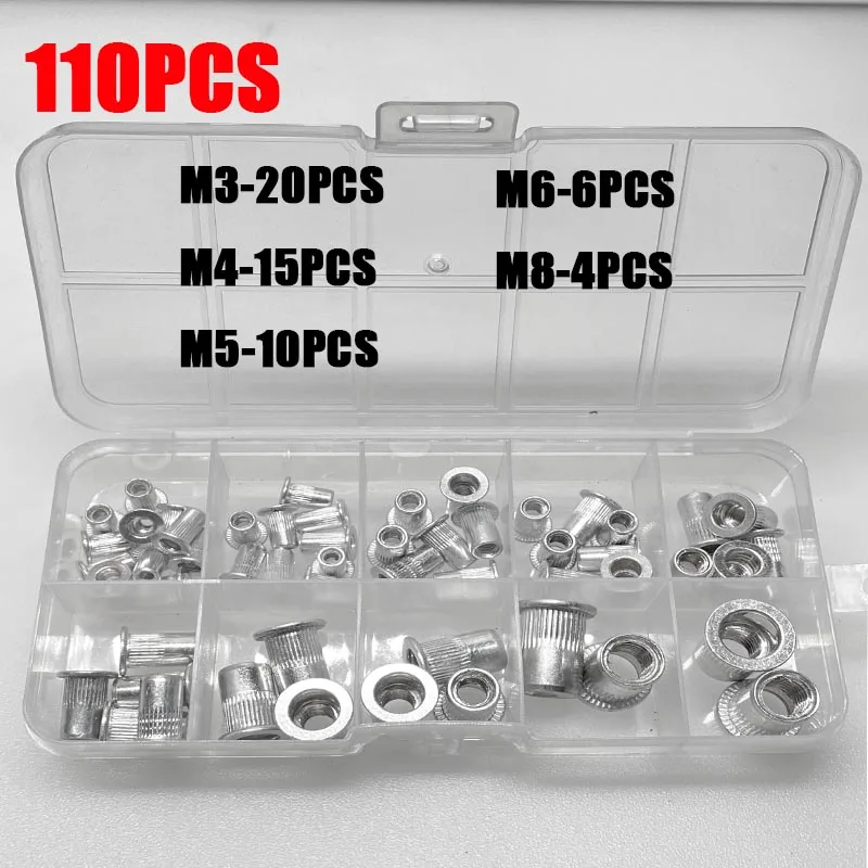110Pcs Riveted Nuts, Aluminum Flat Thread Nut Assembly Kit, Suitable For Automotive, Furniture, Industrial Products