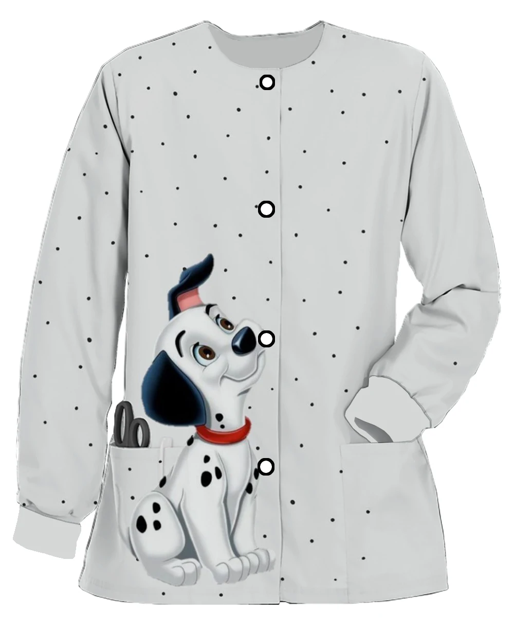 Dalmatian women's work clothes, printed Disney series printed round-neck pocket cardigans, button scrubs, dental beauty salon