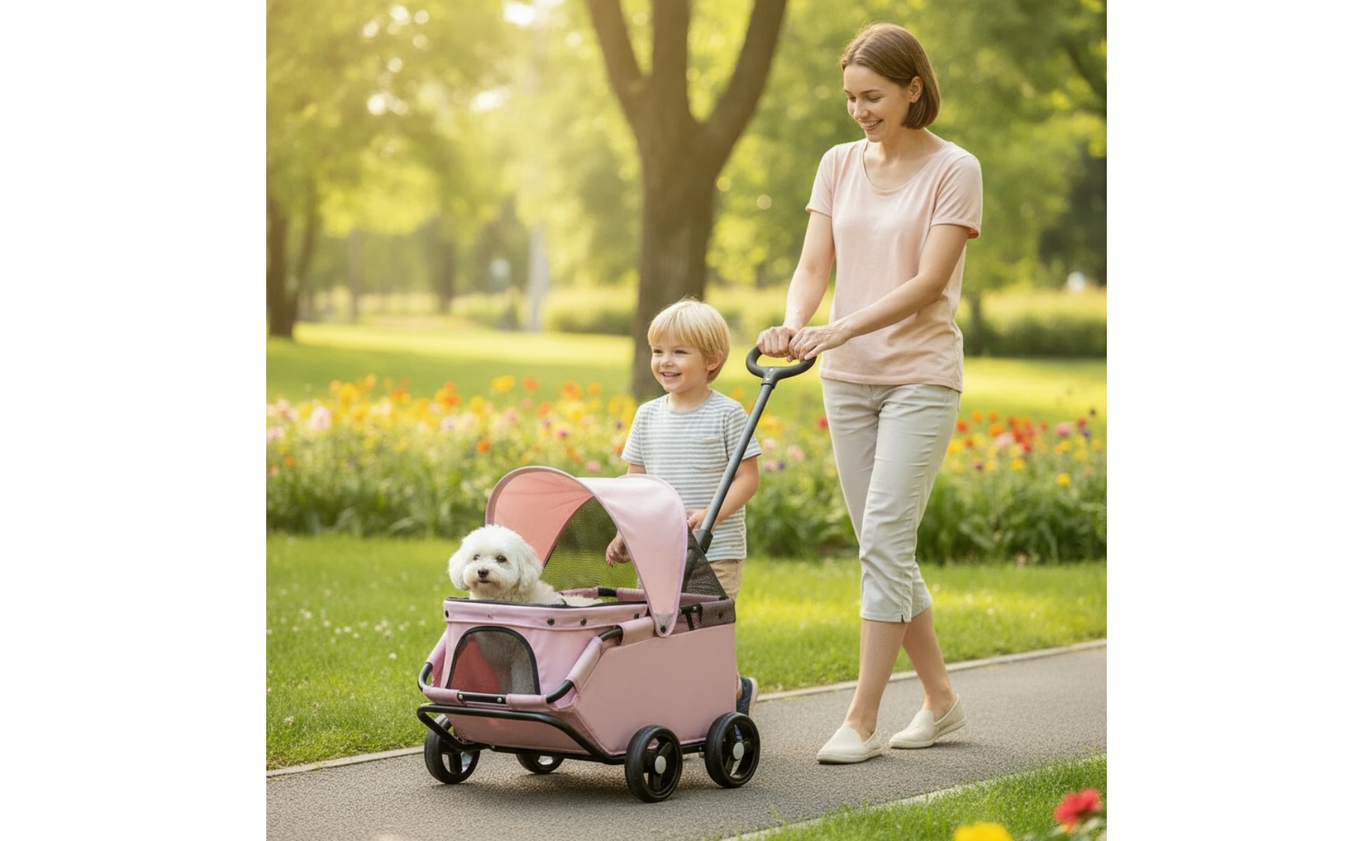 Four-Wheel Pet Stroller Compact Dog Stroller with Canopy Easy-to-Maneuver Roomy for Dogs, Outdoor Walks, Travel