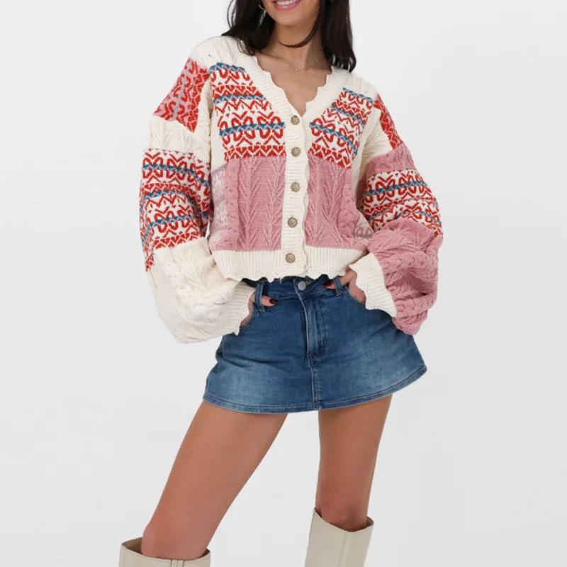

Красочный вязаный кардиган для женщин, топы с широкими рукавами и нерегулярным подолом, свободный свитер с v-образным вырезом, осень-зима 2025 г., женский повседневный трикотаж