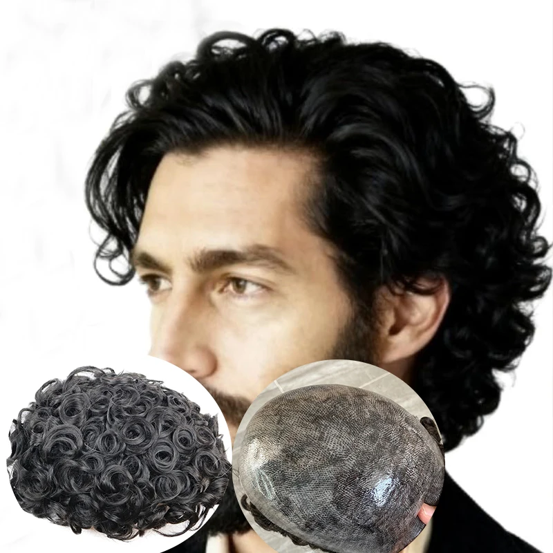 

Мужской парик-накладка 26 мм из 100% натуральных человеческих волос, вьющиеся, серо-черно-коричневые, с прочной кожаной основой из полимера, легко надевается